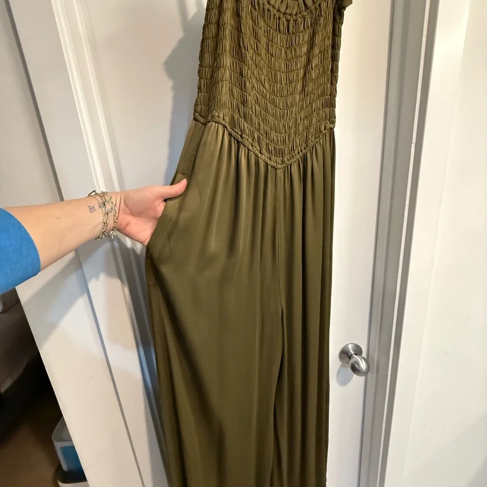 Anthropologie Wide Leg Smocked Top Jumpsuit, Olive Green, Sz MED - Picture 3 of 9